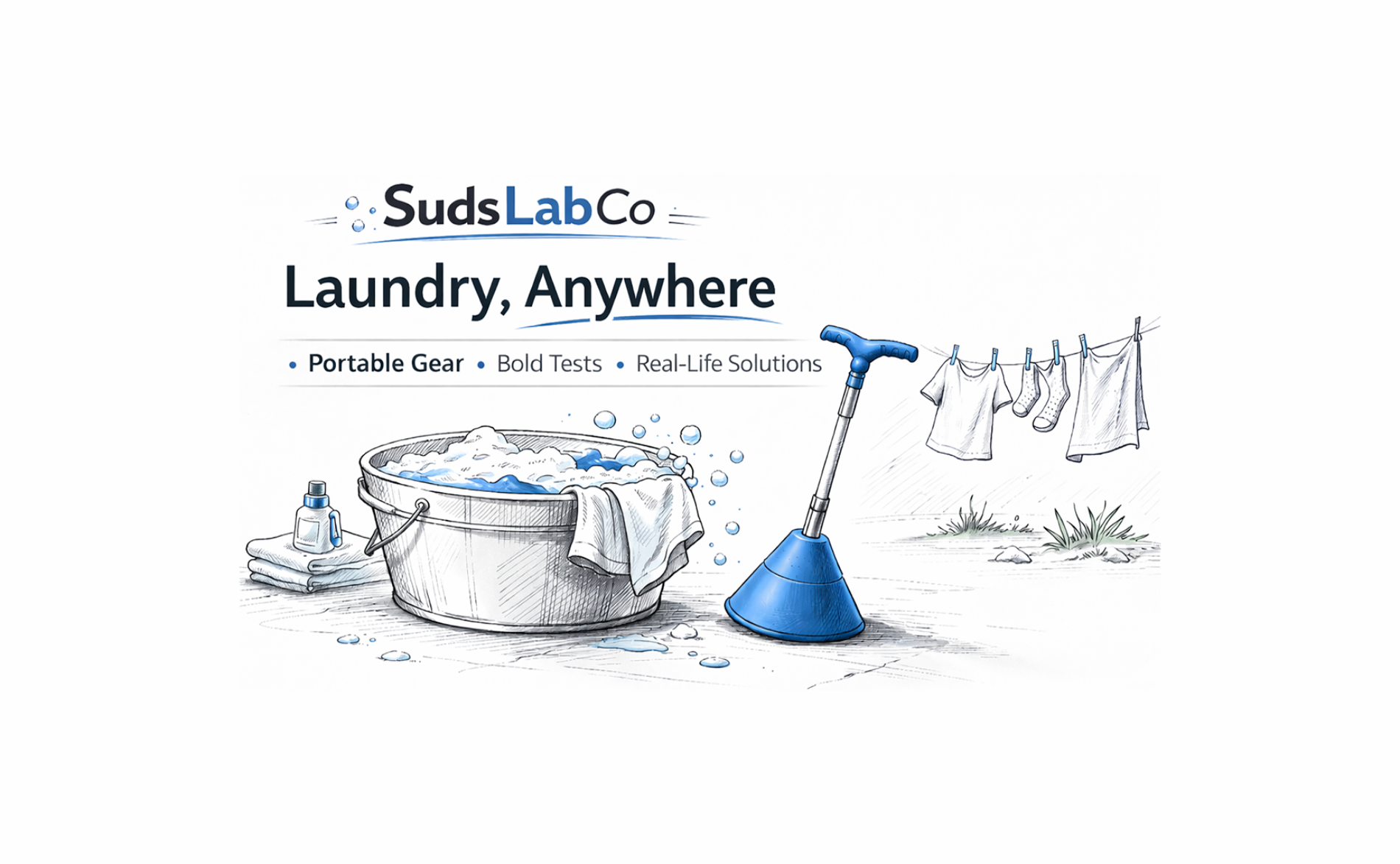 SudsLabCo with a Breathing Mobile Washer portable washing machine and laundry gear on a white background.